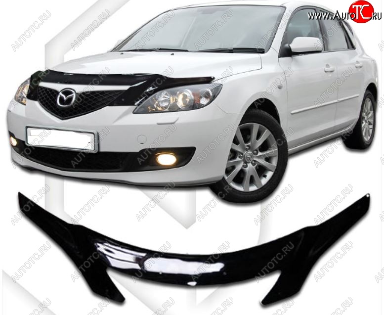 2 799 р. Дефлектор капота CA-Plastiс  Mazda 3/Axela  BK (2003-2009) дорестайлинг, хэтчбэк, рестайлинг, хэтчбэк (Classic черный, Без надписи)  с доставкой в г. Кемерово