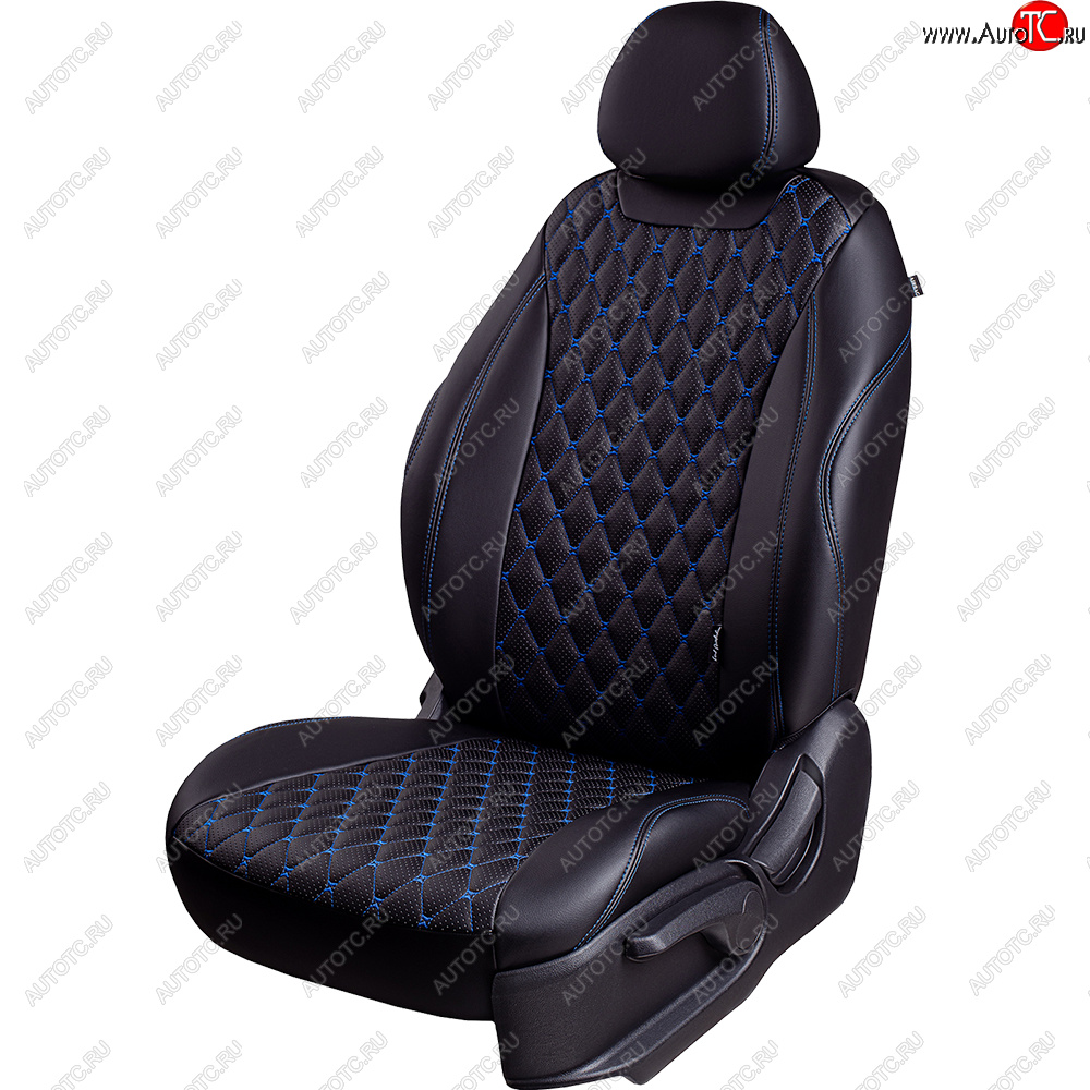 13 949 р. Чехлы для сидений на Lord Autofashion Байрон (экокожа, 60/40, подлокотник, отдельные бока, 3 Г-образных подголовника)  Mazda 6  GH (2007-2012) дорестайлинг седан, рестайлинг седан (Черный, вставка черная, строчка синяя)  с доставкой в г. Кемерово