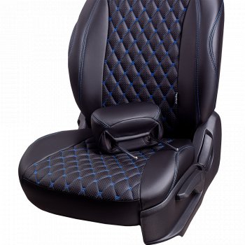 13 949 р. Чехлы для сидений на Lord Autofashion Байрон (экокожа, 60/40, подлокотник, отдельные бока, 3 Г-образных подголовника)  Mazda 6  GH (2007-2012) дорестайлинг седан, рестайлинг седан (Черный, вставка черная, строчка синяя)  с доставкой в г. Кемерово. Увеличить фотографию 3