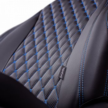 13 949 р. Чехлы для сидений на Lord Autofashion Байрон (экокожа, 60/40, подлокотник, отдельные бока, 3 Г-образных подголовника)  Mazda 6  GH (2007-2012) дорестайлинг седан, рестайлинг седан (Черный, вставка черная, строчка синяя)  с доставкой в г. Кемерово. Увеличить фотографию 4