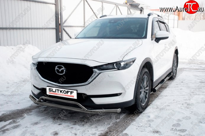 10 599 р. Защита переднего бампера Slitkoff (Ø 57+Ø 32, двойная).  Mazda CX-5  KF (2016-2025) (Сталь с полимерным покрытием. Цвет: серебристый)  с доставкой в г. Кемерово