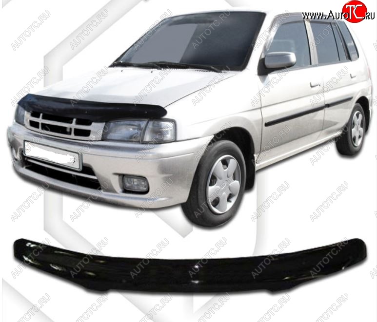 2 159 р. Дефлектор капота CA-Plastic  Mazda Demio  1 DW (1996-2002) дорестайлинг, рестайлинг (Classic черный, Без надписи)  с доставкой в г. Кемерово