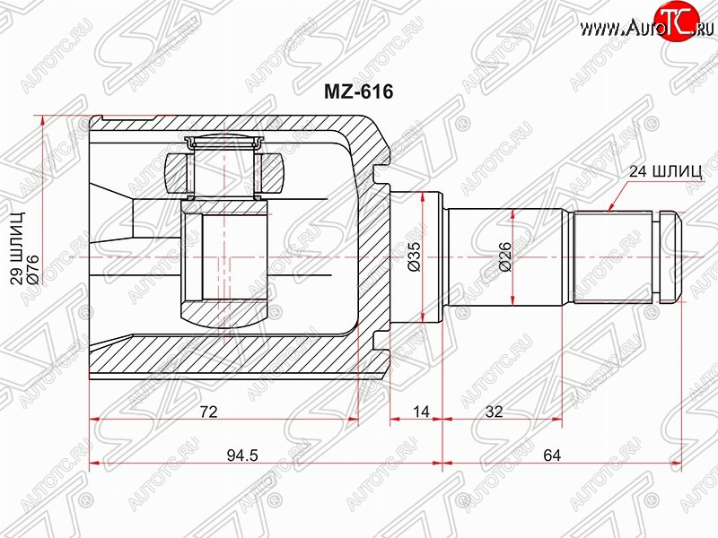 6 599 р. Шрус (внутренний/левый) SAT (29*24*35 мм) Mazda 323/Familia седан BJ дорестайлинг (1998-2000)  с доставкой в г. Кемерово