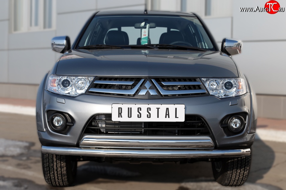 14 399 р. Защита переднего бампера (2 трубы Ø63 и 75х42 мм, нержавейка) Russtal Mitsubishi L200 5 KK,KL дорестайлинг (2015-2019)  с доставкой в г. Кемерово
