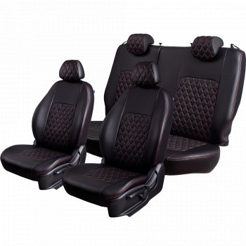 9 449 р. Чехлы для сидений Lord Autofashion Турин Ромб (экокожа, сплошная спинка, подлокотник, 2 П- и 1 Г-образных подголовника) Mitsubishi L200 4  дорестайлинг (2006-2014) (Черный, вставка черная, строчка красная)  с доставкой в г. Кемерово. Увеличить фотографию 2