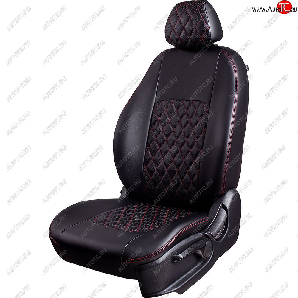 9 449 р. Чехлы для сидений Lord Autofashion Турин Ромб (экокожа, сплошная спинка, подлокотник, 2 П- и 1 Г-образных подголовника) Mitsubishi L200 4  дорестайлинг (2006-2014) (Черный, вставка черная, строчка красная)  с доставкой в г. Кемерово