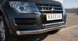 17 799 р. Защита переднего бампера (2 трубы Ø76 и 75х42 мм, нержавейка) Russtal Mitsubishi Pajero 4 V90 2-ой рестайлинг (2014-2020)  с доставкой в г. Кемерово. Увеличить фотографию 2