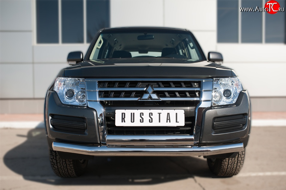 17 799 р. Защита переднего бампера (2 трубы Ø76 и 75х42 мм, нержавейка) Russtal Mitsubishi Pajero 4 V90 2-ой рестайлинг (2014-2020)  с доставкой в г. Кемерово