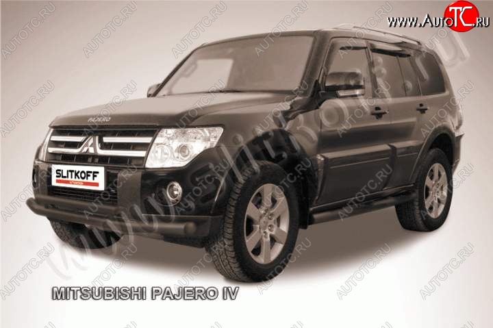 11 299 р. Защита переднего бампер Slitkoff Mitsubishi Pajero 4 V80 дорестайлинг (2006-2011) (Цвет: серебристый)  с доставкой в г. Кемерово