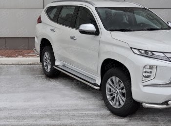 Защита порогов на SLITKOFF (Ø42 мм) Mitsubishi Pajero Sport QF рестайлинг (2019-2022) (полированная нержавейка)