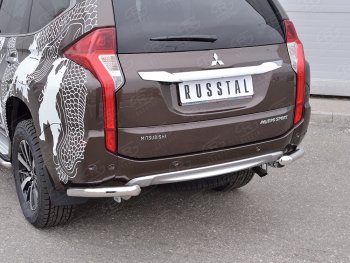 Защита заднего бампера (Ø63 мм уголки под фаркоп, нержавейка) SLITKOFF Mitsubishi Pajero Sport  QE (2015-2021) дорестайлинг (полированная нержавейка)