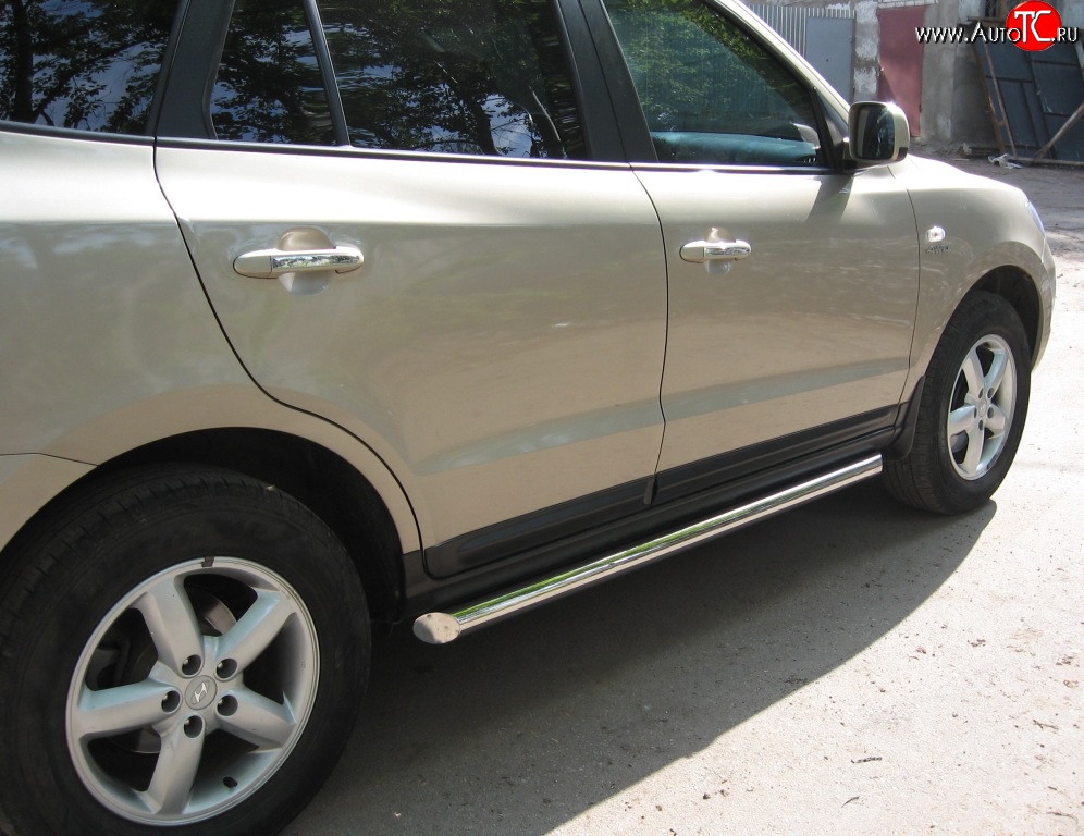 14 449 р. Защита порогов Russtal из круглой трубы диаметром 63 мм Hyundai Santa Fe CM дорестайлинг (2006-2009) (Защита порогов с со скосами на торцах (вариант 1))  с доставкой в г. Кемерово