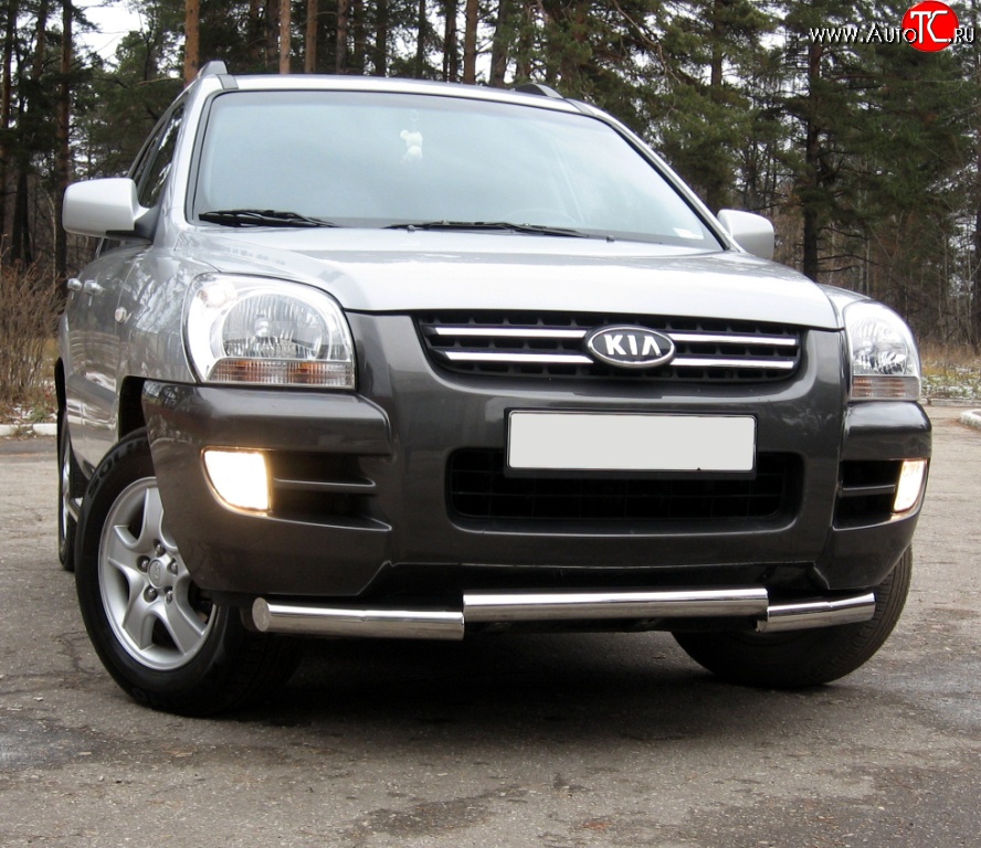 12 149 р. Защита переднего бампера (Ø70 мм ступень, нержавейка) Russtal KIA Sportage 2 JE,KM дорестайлинг (2004-2008)  с доставкой в г. Кемерово