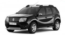 14 599 р. Защита переднего бампера двойная из труб d63/51 мм Petroil Tuning.  Renault Duster  HS (2010-2021) дорестайлинг, рестайлинг (Нержавеющая полированная сталь)  с доставкой в г. Кемерово. Увеличить фотографию 2