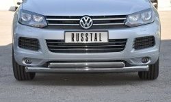 22 549 р. Защита переднего бампера (2 трубыØ76 и 63 мм, нержавейка) SLITKOFF  Volkswagen Touareg  NF (2010-2014) дорестайлинг  с доставкой в г. Кемерово. Увеличить фотографию 1