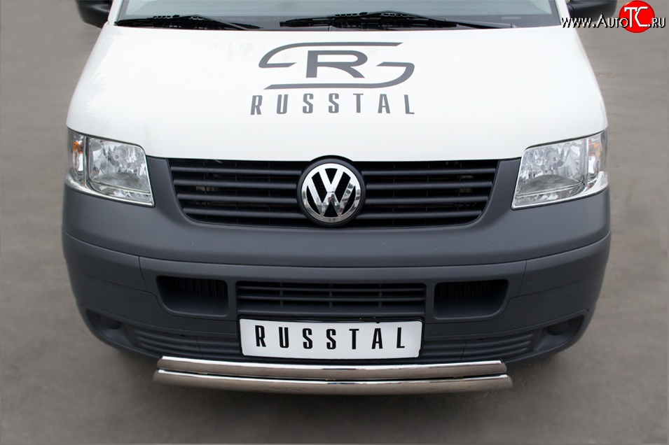 22 299 р. Защита переднего бампера (2 трубыØ75х42 мм, нержавейка) Russtal  Volkswagen Transporter  T5 (2003-2009) дорестайлинг  с доставкой в г. Кемерово