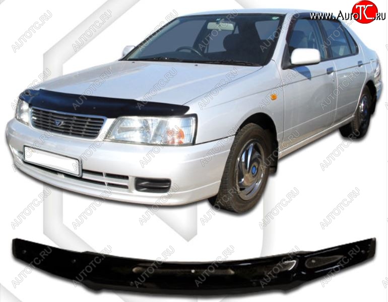 1 999 р. Дефлектор капота CA-Plastic  Nissan Bluebird  седан (1996-2001) U14 дорестайлинг, U14 рестайлинг (Classic черный, Без надписи)  с доставкой в г. Кемерово