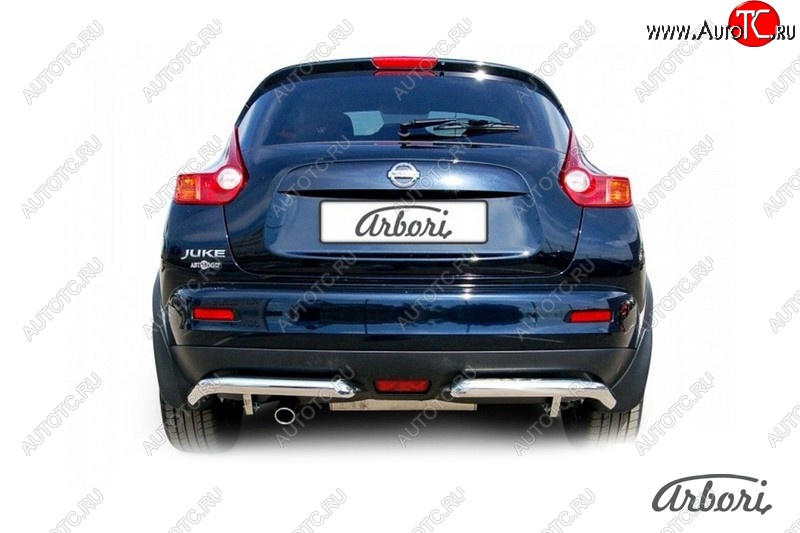 10 619 р. Защита заднего бампера Arbori (уголки, нержавейка, 1 труба d57 mm). Nissan Juke 1 YF15 рестайлинг (2014-2020)  с доставкой в г. Кемерово
