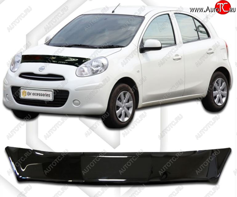 2 159 р. Дефлектор капота CA-Plastic  Nissan Micra  K13 (2010-2013) 5 дв. дорестайлинг (Classic черный, Без надписи)  с доставкой в г. Кемерово