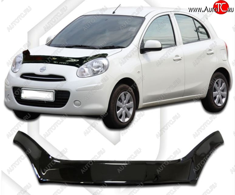 3 399 р. Дефлектор капота CA-Plastiс exclusive Nissan Micra K13 5 дв. дорестайлинг (2010-2013) (Classic черный, Без надписи)  с доставкой в г. Кемерово