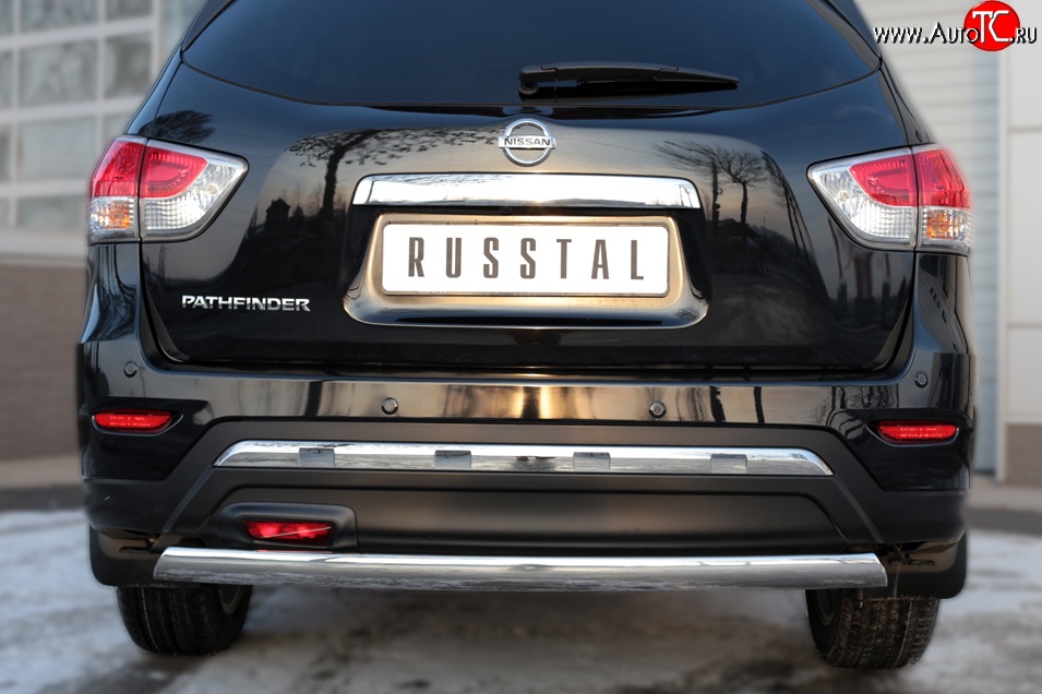 11 599 р. Защита заднего бампера (Ø75x42 мм, нержавейка) Russtal Nissan Pathfinder R52 дорестайлинг (2012-2017)  с доставкой в г. Кемерово