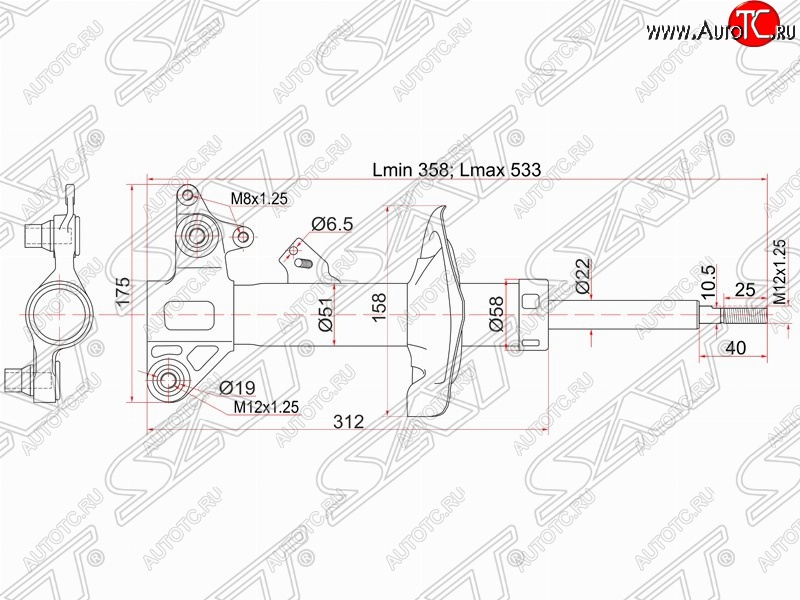 4 299 р. Левый амортизатор передний SAT Nissan Primera 3 седан P12 (2001-2008)  с доставкой в г. Кемерово