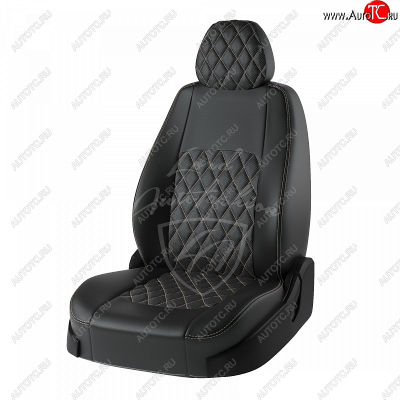 9 449 р. Чехлы для сидений Lord Autofashion Турин Ромб (экокожа)  Nissan Qashqai  2 (2013-2022) J11 дорестайлинг, J11 рестайлинг (Черный, вставка черная, строчка бежевая)  с доставкой в г. Кемерово