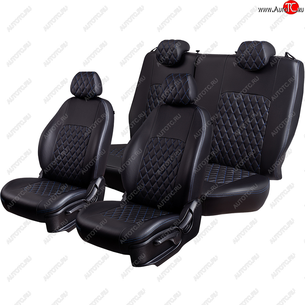 8 299 р. Чехлы для сидений Lord Autofashion Турин Ромб (экокожа, 60/40, 2 П- и 1 Г-образных подголовника)  Nissan Terrano  D10 (2016-2022) рестайлинг (Черный, вставка черная, строчка синяя)  с доставкой в г. Кемерово