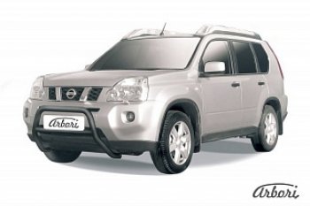 Защита переднего бампера Arbori (низкая. черная, 1 труба d57 mm). Nissan X-trail 2 T31 дорестайлинг (2007-2011)