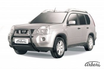 Защита переднего бампера Arbori (высокая, черная, 1 труба d57 mm). Nissan X-trail 2 T31 дорестайлинг (2007-2011)