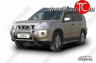 25 739 р. Защита переднего бампера Arbori (высокая, нержавейка, 1 труба d76 mm).  Nissan X-trail  2 T31 (2007-2011) дорестайлинг  с доставкой в г. Кемерово