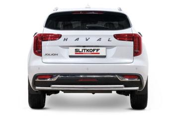 Защита заднего бампера d57+d42 (2WD) двойная Slitkoff Haval Jolion (2020-2024) дорестайлинг (нержавейка полированная)