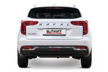 Защита заднего бампера d57+d42 (2WD) двойная Slitkoff Haval Jolion (2020-2024) дорестайлинг (нержавейка с полимерным покрытием в цвет черный)