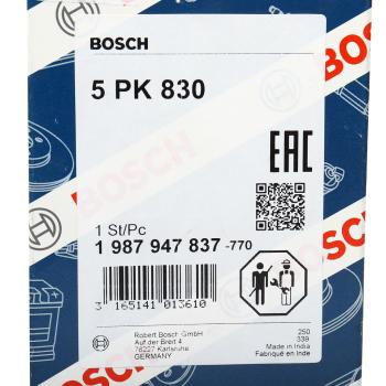 379 р. Ремень приводной поликлиновой 5PK830 BOSCH BOSCH 1987947837 BOSCH 1987947837  с доставкой в г. Кемерово. Увеличить фотографию 5