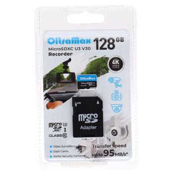 1 199 р. Карта памяти 128GB MicroSD class 10 + SD адаптер OLTRAMAX OLTRAMAX om128gcsdxc10-u3-v30  с доставкой в г. Кемерово. Увеличить фотографию 1