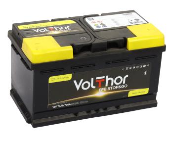 13 699 р. Аккумулятор VOLTHOR EFB 75Ач обратная полярность,низкий VOLTHOR 6ст75(0) 58014  с доставкой в г. Кемерово. Увеличить фотографию 1