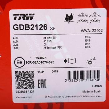 8 549 р. Колодки тормозные AUDI A4 (15-) передние (4шт.) TRW TRW gdb2126  с доставкой в г. Кемерово. Увеличить фотографию 5
