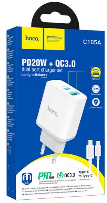 469 р. Устройство зарядное в розетку 1USB + 1 Type C 220V HOCO HOCO c105a white  с доставкой в г. Кемерово. Увеличить фотографию 5