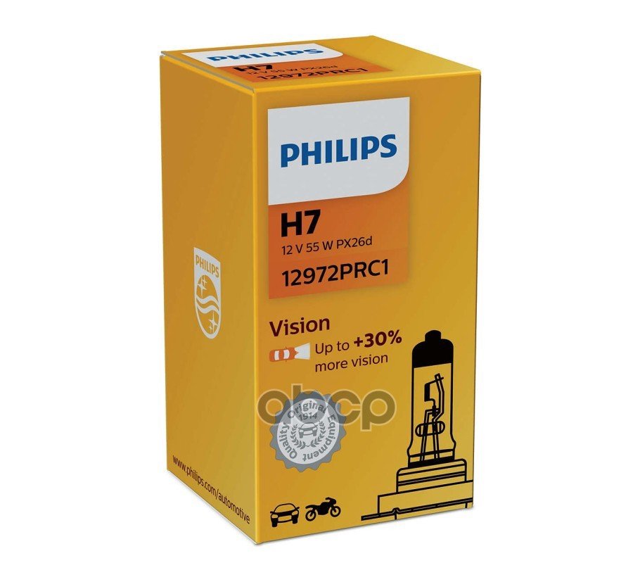 339 р. Лампа Галогеновая H7 12V  55W Philips Vision +30%  Pх26d (12972 Pr C1*) Philips арт. 12972PRC1*  с доставкой в г. Кемерово