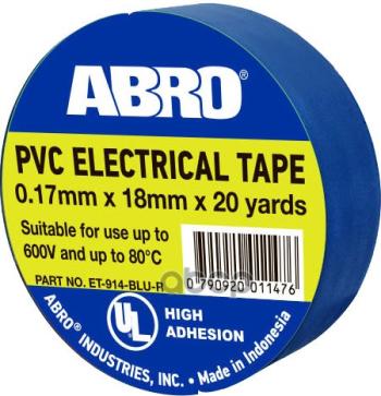 Изолента Пвх (18Мм*18,3М) Abro Высокотемпературная Синяя (Et-914-Blu-R) ABRO арт. ET-914-BLU-R