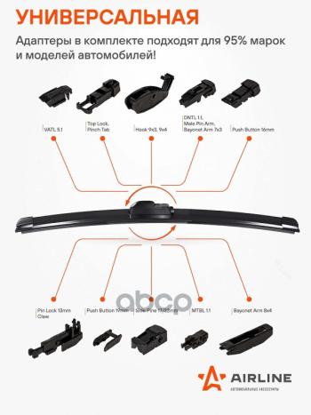 569 р. Щетка Стеклоочистителя 400 Мм16 Бескаркасная Pro Airline  (1 Шт.) 10 Адаптеров (Awb-Bk-410) AIRLINE арт. AWB-BK-410  с доставкой в г. Кемерово. Увеличить фотографию 5