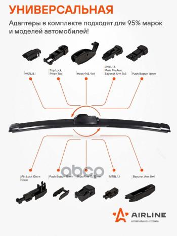 579 р. Щетка Стеклоочистителя 430 Мм17 Бескаркасная Pro Airline (1 Шт.) 10 Адаптеров (Awb-Bk-430) AIRLINE арт. AWB-BK-430  с доставкой в г. Кемерово. Увеличить фотографию 5