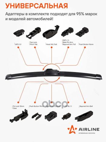 599 р. Щетка Стеклоочистителя 475 Мм19 Бескаркасная Pro Airline  (1 Шт.) 10 Адаптеров (Awb-Bk-475) AIRLINE арт. AWB-BK-475  с доставкой в г. Кемерово. Увеличить фотографию 5