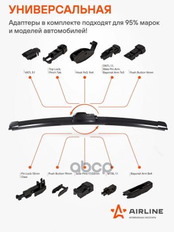 629 р. Щетка Стеклоочистителя 530 Мм21 Бескаркасная Pro Airline  (1 Шт.) 10 Адаптеров (Awb-Bk-530) AIRLINE арт. AWB-BK-530  с доставкой в г. Кемерово. Увеличить фотографию 5