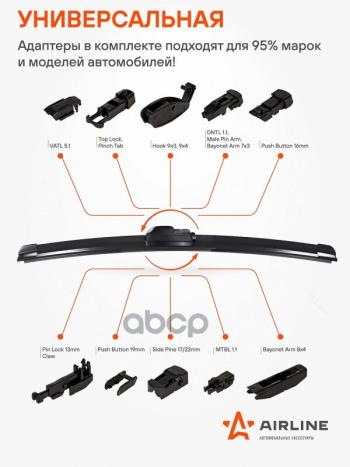649 р. Щетка Стеклоочистителя 600 Мм24 Бескаркасная Pro Airline (1 Шт.) 10 Адаптеров (Awb-Bk-600) AIRLINE арт. AWB-BK-600  с доставкой в г. Кемерово. Увеличить фотографию 5
