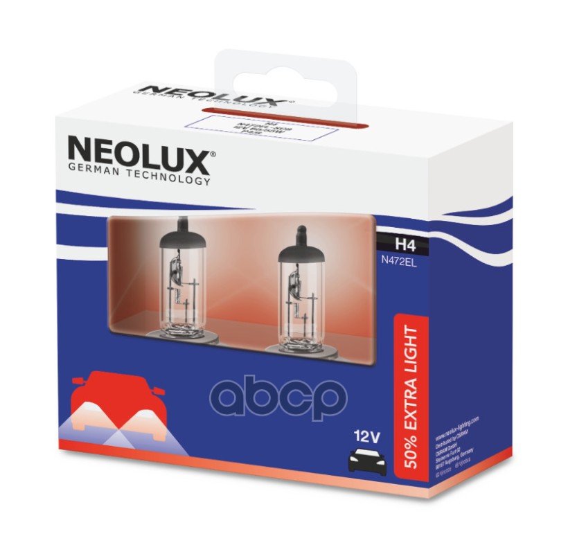 1 059 р. Лампа Галогеновая H4 12V  6055W Neolux Extra Light +50% P43t-38 (Кт-2Шт) Original (Nl-472El2) Neolux арт. N472EL-2SCB  с доставкой в г. Кемерово