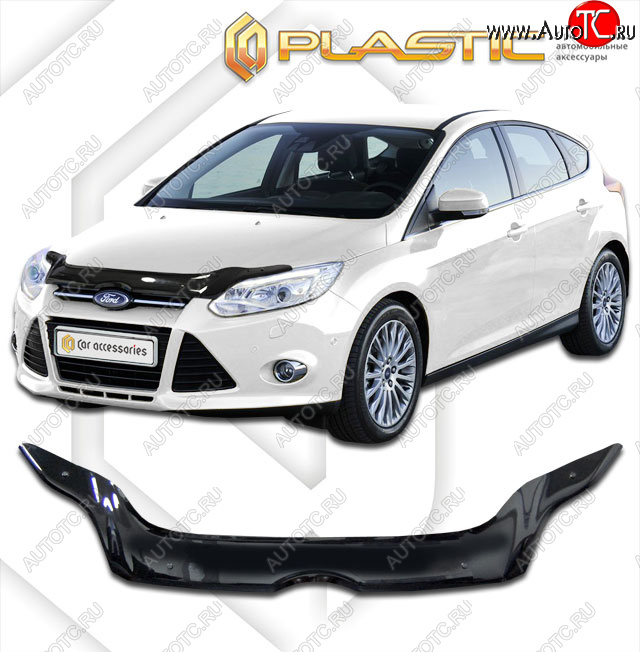 2 299 р. Дефлектор капота CA-Plastic  Ford Focus  3 (2010-2015) универсал дорестайлинг (classic черный, без надписи)  с доставкой в г. Кемерово