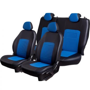 Комплект чехлов для сидений ( N100, ЦЗС, Экокожа Илана+Орегон), Lord Autofashion ТУРИН Daewoo Nexia дорестайлинг (1995-2008) (Черный, вставка синяя, строчка синяя)