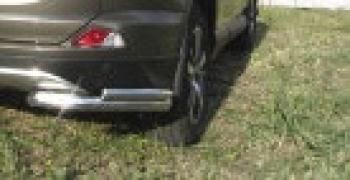 Защита заднего бампера уголки d57+d42 двойные Slitkoff Hyundai Tucson  JM (2004-2010) (Сталь с полимерным покрытием в цвет серебристый)