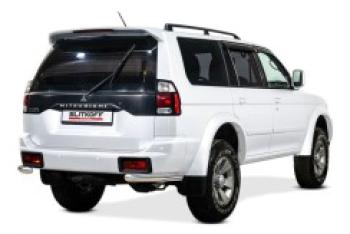 Защита заднего бампера уголки d57 Slitkoff Mitsubishi Pajero Sport  PA (2004-2008) рестайлинг (нержавейка полированная)